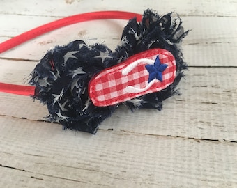 4th of July Headband for Girls - Star Print Flower Head Band - Patriotic Headband - Flip Flop Headband - Red Satin Headband for Teens -