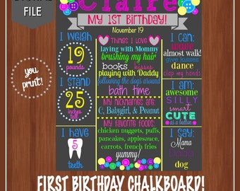 Cute as a button birthday chalkboard - Birthday Chalkboard File - Printable - 1st Birthday Sign - Colorful - Girl Birthday - Pink/Blue/Green