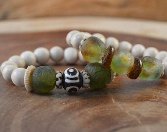 2-Bracelet Set, Bohemian Jewelry, Recycled Glass, Beach Jewelry, African Trade Beads, Boho Bracelet, Wood Bead Bracelet, Green Bracelet