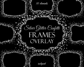 Confetti silver glitter frame. Frame overlay clipart. Digital frame clipart. Printable frame. Instant download. PNG format. Business use