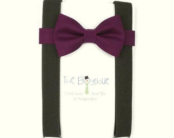 Plum Bow Tie, Black Suspenders, Baby, Boys, Mens, Adult, Ring Bearer Gift, Dark Purple, Page Boy Braces, Groomsmen, Teen, Black, Kids