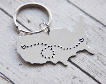 Long Distance Keychain - Hand Stamped Keychain - Gift for Best Friend - Friendship Keychain - Couples Keychain - Best Friend Keychain - Map