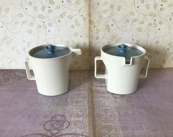 Vintage Tupperware Cream and Sugar Set Blue Lid 1414-14 & 1415-16