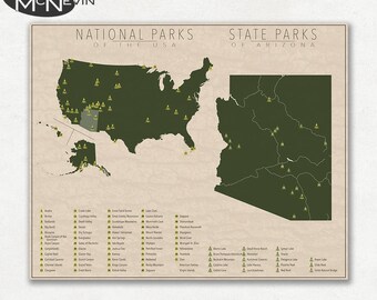 NATIONAL and STATE PARK Map of Arizona and the United States, Fine Art Photographic Print for the home decor.