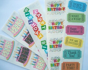 Pretty BIRTHDAY Sticker Lot, Birthday Cakes, Captions & MORE Mrs. Grossman's 5 Full Sticker Strips