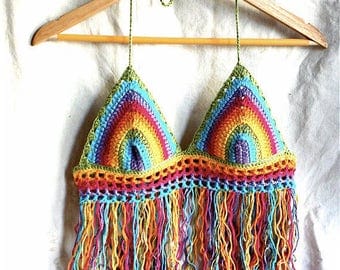 Rainbow crochet crop top, rainbow bralette, boho crop top, crochet bikini top, rainbow bikini top, crochet halter neck top, festival.