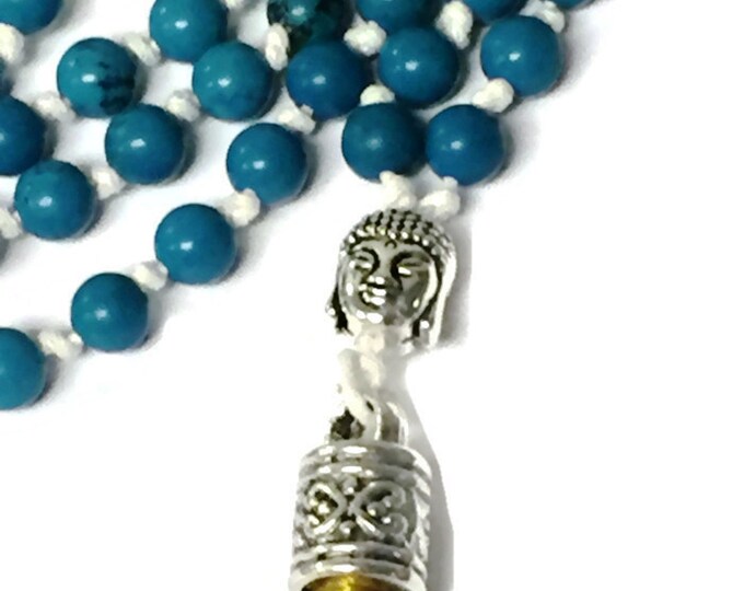 Natural Sinkiang Turquoise Mala Necklace | 108 Bead Hemp Cord Mala w Natural Jade Stone & Buddha Guru Bead | Gold Tassel Unique Gift Mom