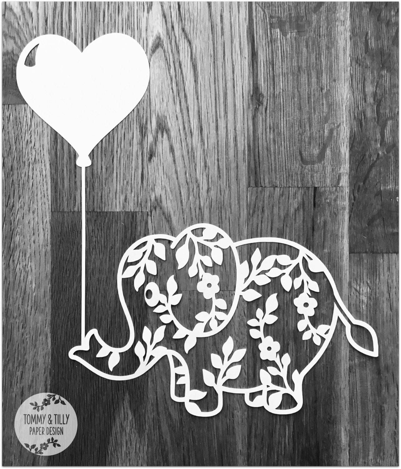 Flower Elephant with Heart Balloon SVG PDF Design