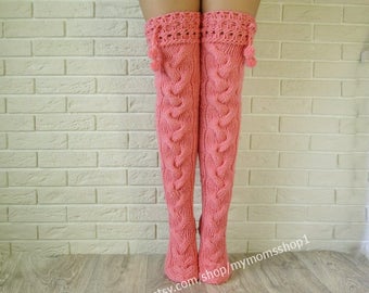 Pink color knit women socks. Thigh high socks. Hand knit Pink long stockings. Warm high socks over the knee socks. Women socks. Long socks