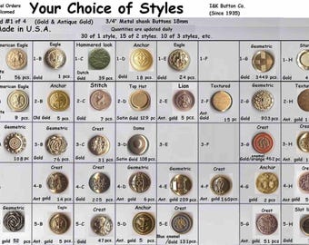 30 Metal 3/4" Buttons Gold 80 styles to choose from Brass Shank 19mm- Halloween Costumes Theater Plays Medieval Renaissance Faire Clothing