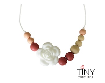 Silicone Teething Necklace | Kids Fidget Necklace | Sensory Necklace | Chew Necklace | Teething Beads | Chewlery | Maroon + Peach + Wood