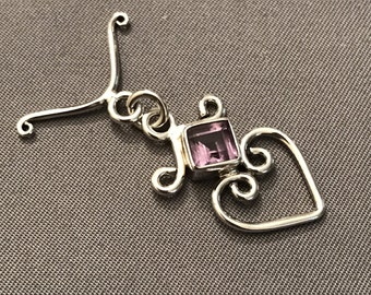 925 Sterling Silver Heart-Shape Toggle Clasp With Faceted Amethyst