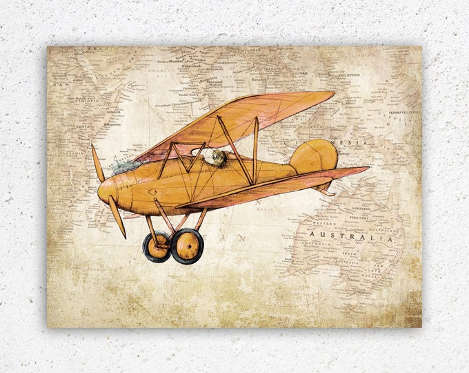 Airplane decor Nursery aviation theme print Australia map Boys nursery sepia decor Aviation Vintage style transportation poster