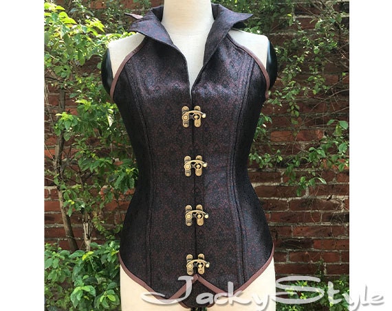 Women's Steampunk Gothic Rock Retro Halter Spiral Steel Boned Vest Corset Top Brown by JackyStyle steampunk buy now online