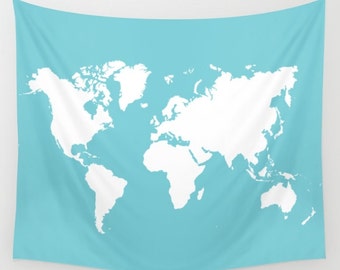 World Map Wall Tapestry / Blue and Cream Modern Map Printed Wall Tapestry / Aldari Home