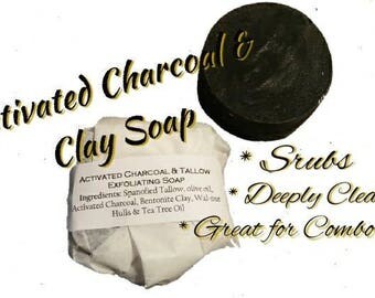 Activated CHARCOAL Exfoliating Facial Soap with skin soothing Tallow! Great for Acne prone / Dry skin. Cleanses & Moisturizes. 100% Natural!