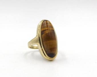 9ct Gold Tiger's Eye Ring | 9k Women's Statement Ring | UK size P ~ US size 7 1/2 | Ladies 375 Big Ring