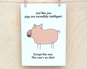 Pig Greeting Card Funny Pig Card Funny Watercolor Pig Art