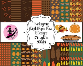 Thanksgiving Digital Paper Pack- 16 Designs- Instant Download