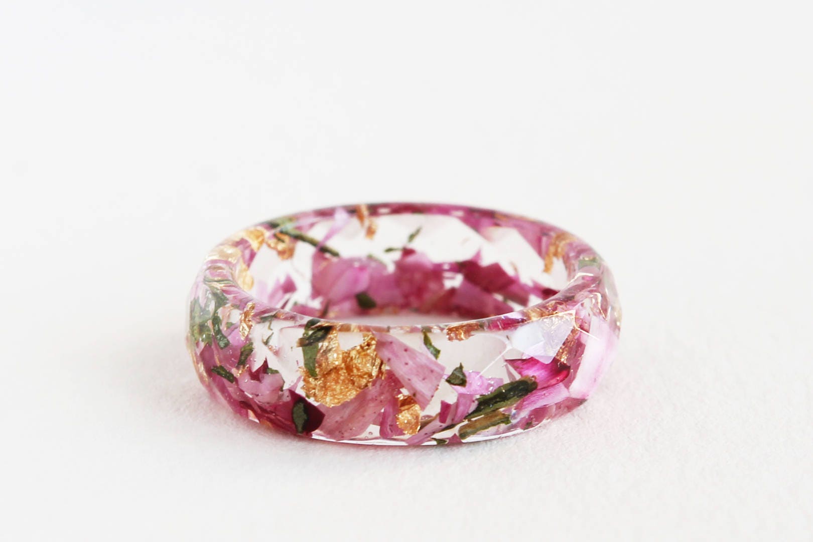 Eco Resin Ring with Real Petals Leaves and Gold Flakes