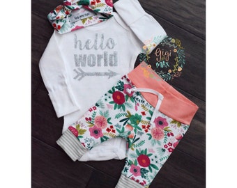 Baby girl coming home outfit hello world Coral Floral theme hello world baby shower gift new baby set going home hospital outfit