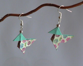 Boucles d'oreilles Origami Cocottes Papier Petites Chouettes.