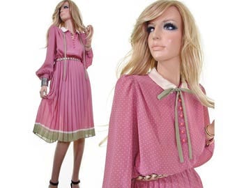 pink dress 70s dress secretary dress tea party dress hipster dress pleated skirt dress polka dot dress dusty pink green dress womens dresses