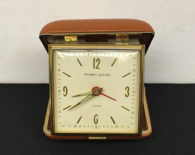 Storewide 25% Off SALE Vintage Phinney-Walker Gold Tone Bedside Mechanical Travel Alarm Clock Featuring White Face Dial With Gold Tone Hour