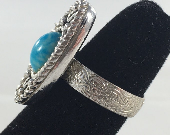 Storewide 25% Off SALE Vintage Silver Tone Turquoise Cabochon Sarah Coventry Designer Adjustable Ring Featuring Southwestern Inspired Design