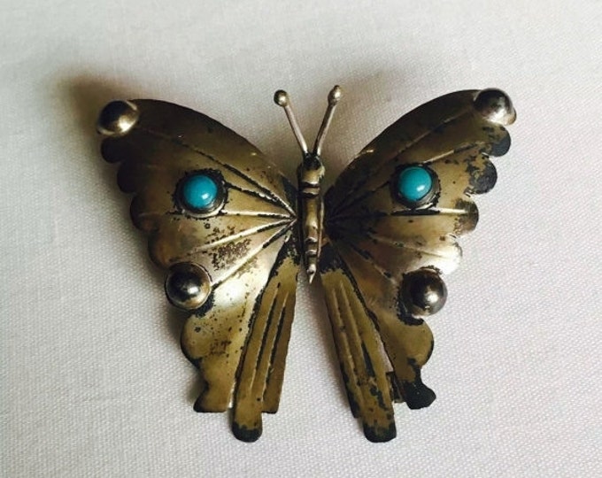 Storewide 25% Off SALE Vintage Sterling Silver Turquoise Accented Butterfly Brooch Featuring Southwestern Blue Turquoise Cabochons