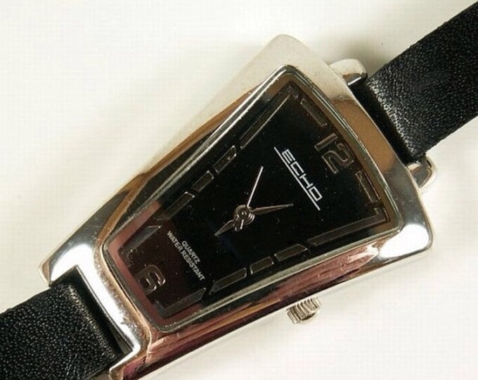 Storewide 25% Off SALE Vintage Ladies Echo Designer Quartz Watch Featuring Contemporary Art Deco Design & Textured Black Leather Band