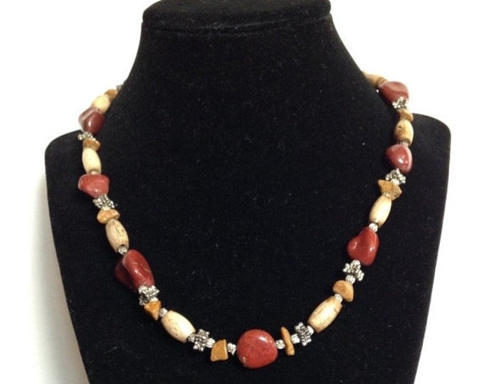 Storewide 25% Off SALE Vintage Silver Tone Polished Maroon Stone Adjustable Necklace Featuring Unique Wooden Bead Design Accents