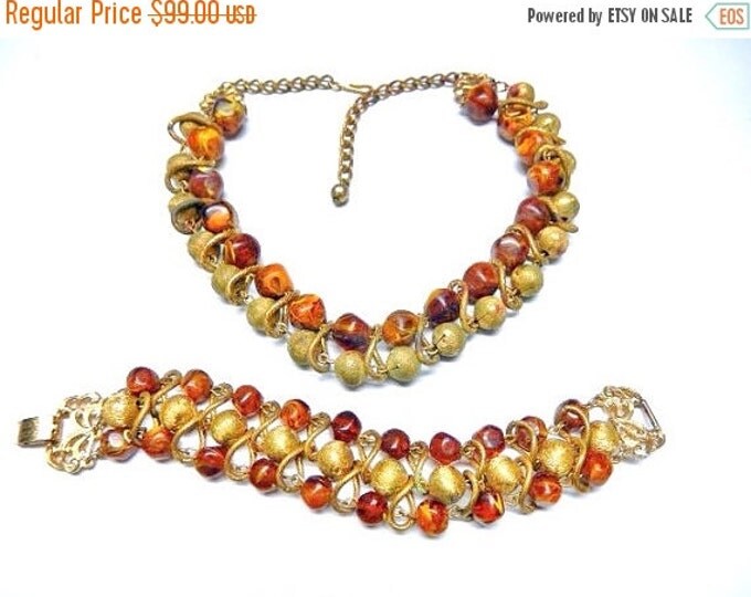 Storewide 25% Off SALE Beautiful Vintage Molded Amber Beaded Designer Matching Necklace / Bracelet Set Featuring Beautiful Fire Sunset Beads
