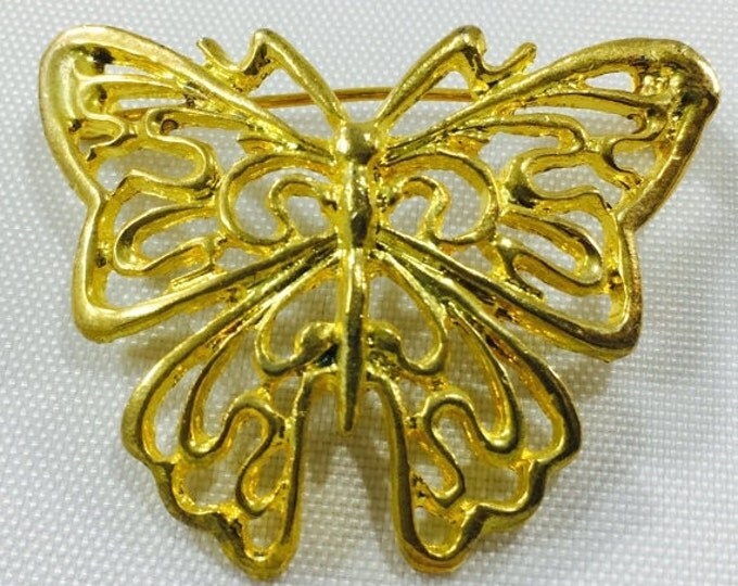 Storewide 25% Off SALE Vintage Gold Tone Open Winged Designer Butterfly Brooch Pin Featuring High Gloss Design Finish