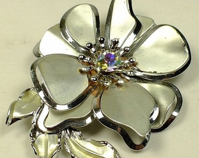 Storewide 25% Off SALE Vintage Silver Tone Mirrored Metallic Rose Flower Designer Brooch Featuring Polished Multi Dimensional Design