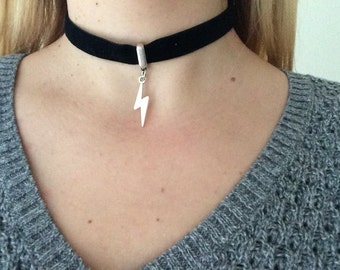 Lightning Charm Choker/Lightning Choker/Silver Charm Choker/Black Velvet Ribbon Choker/Lightning Strike Necklace/Thunderstorm Thunder Choker