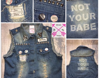 Studded denim jacket, Punk jacket, Custom jacket, Custom Denim jacket, Stud jacket, Patch jacket, Not Your Babe Jacket,