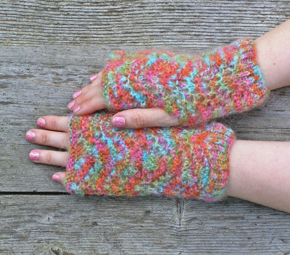 Lace mohair arm warmers Hand knit fingerless gloves Unique