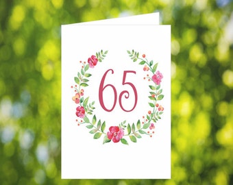65th Birthday Card Download: Flower Wreath Birthday Card - Pink - Digital Download - Downloadable Card - Birthday Card for Her