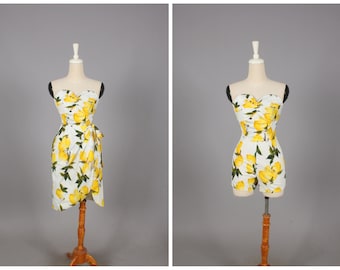 CURSTIE 2 Piece Playsuit and Sarong Wrapped Skirt "Freshly Squeezed" Retro Lemon Fruit Print Yellow Lemons