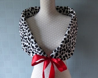 black and white spotted dalmatian print stole/shawl/scarf with red satin rbbon, for fancy dress costume