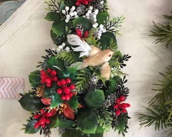 Vintage 1950's tree with greens and a felt bird door wall hanger with greens berries poinsettias