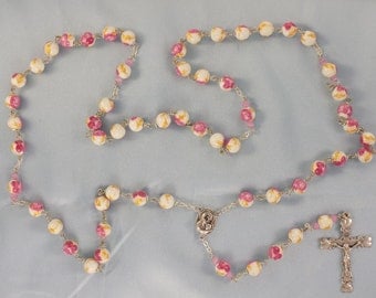 Pink & Gold Flower Rosary - Pink and Gold Flower Ceramic Beads - Mary Center Contains Soil from Jerusalem - Italian Silver Hearts Crucifix