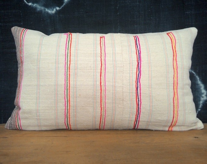 12"x 20" White and Stripes Ethnic Hmong Hand Woven Lumbar Pillow Cover, Vintage Hill Tribal Textile Pillow Case, Bohemian Throw Pillow