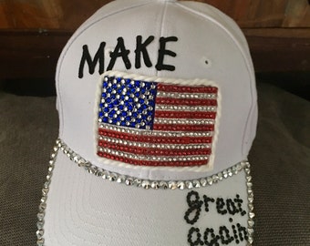 Make America great again hat, Donald Trump hat, Trump baseball cap, Bling American flag, patriotic hat, woman's hats