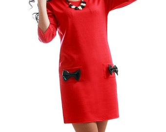 Red Daytime dress Jersey dress party Dress with pockets Decorative bow Dress Box Simple dress