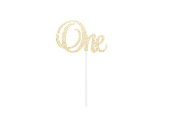 One Cake Topper - Script Font - Party Supplies - Gold or Any Color Glitter