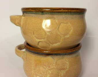 Ceramic Soup Bowl Set with Honeycomb Pattern and Handle, Soup Crocks