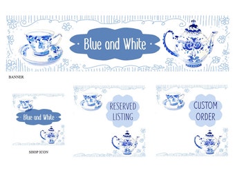 Custom banner, etsy banner set, shop set, blue and white, shop icon, etsy shop graphics