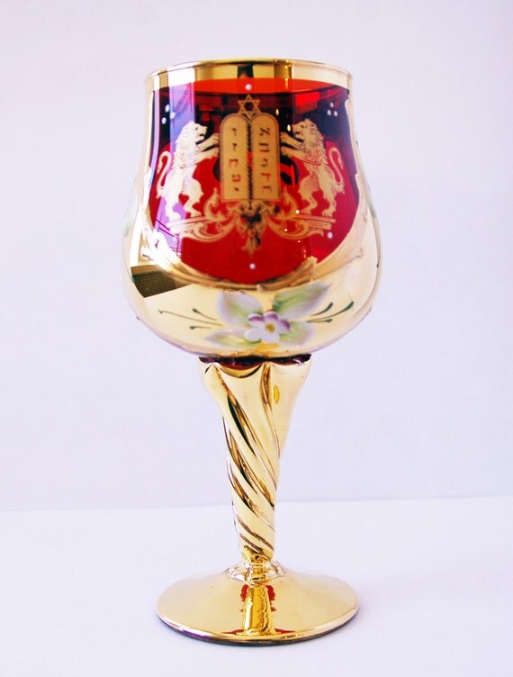 Kiddush Cup Murano Glass Red Gold Handmade Lions